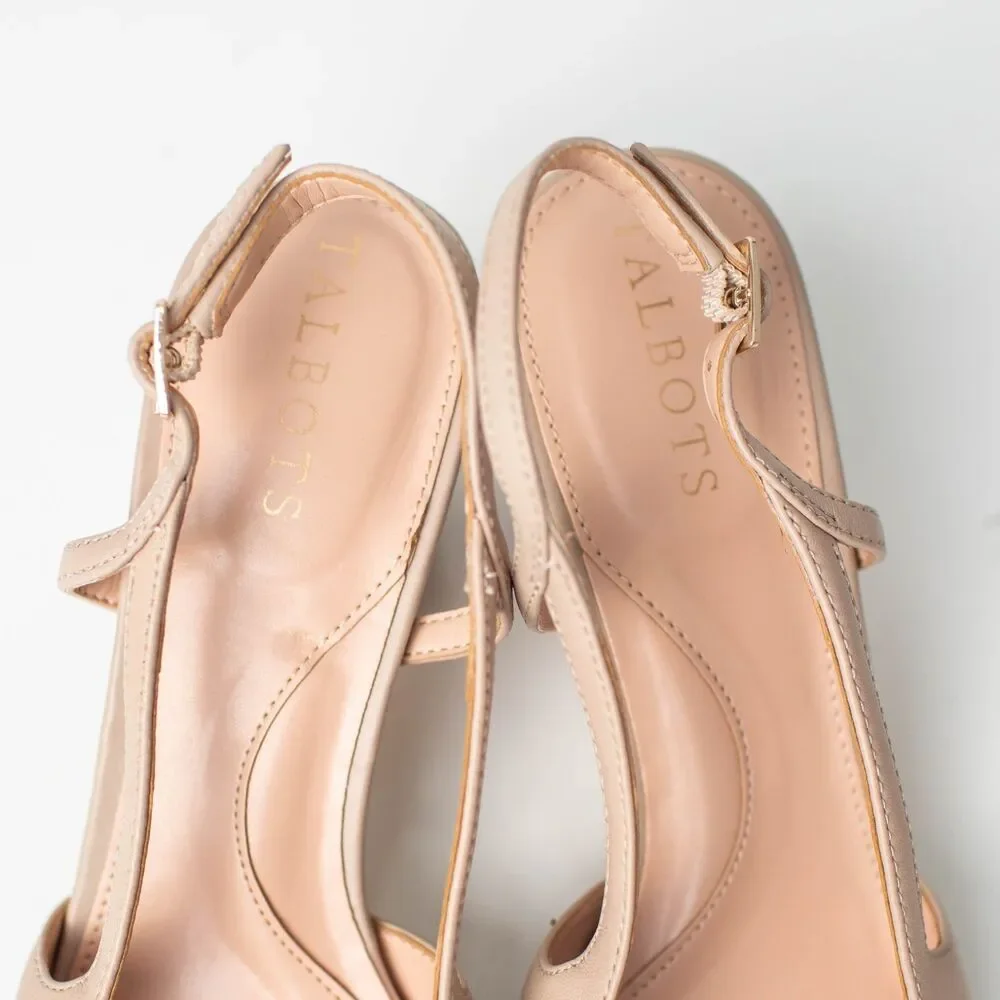 Talbots Women's 7.5 Leather Slingback Pumps Nude Beige Black Cap Toe Heels